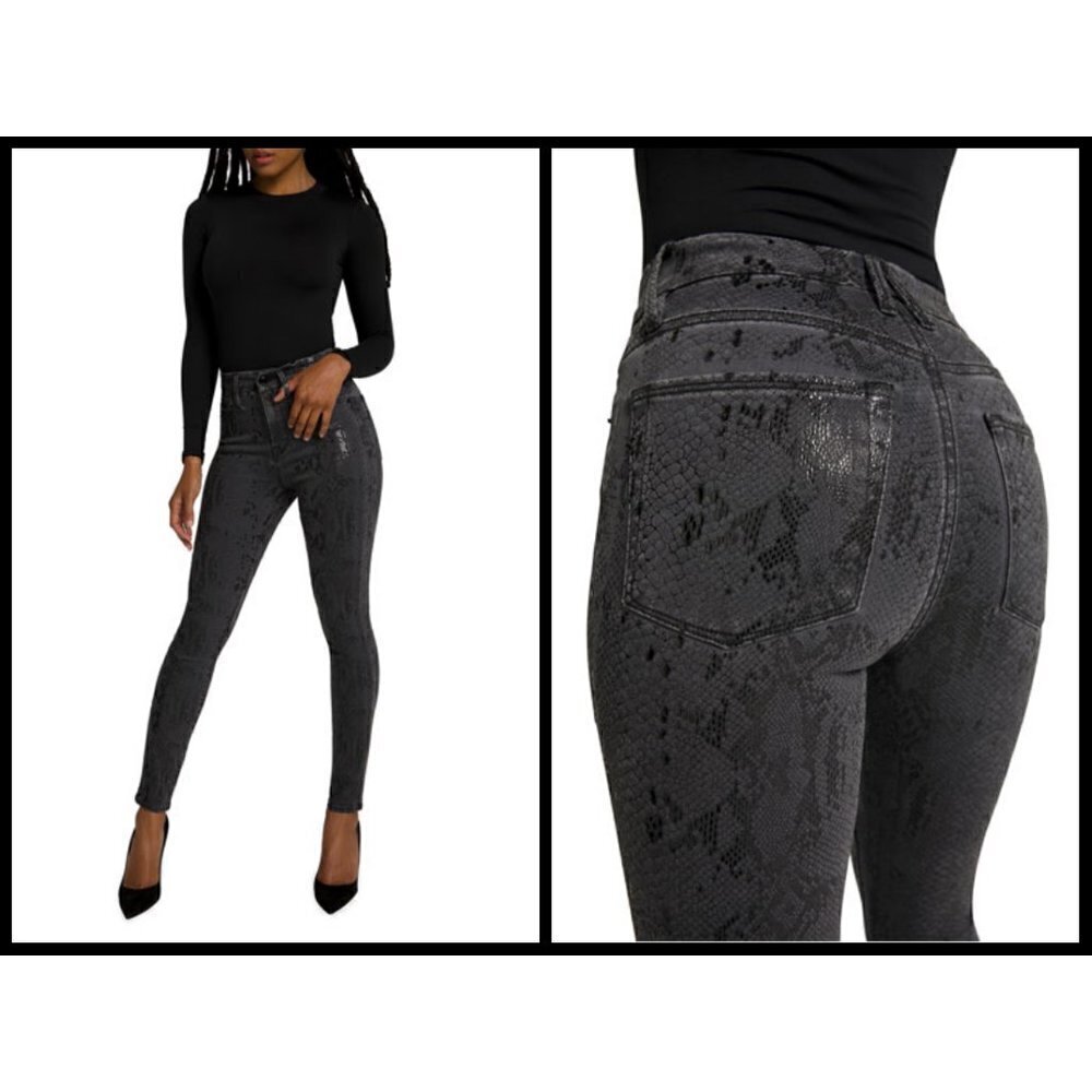 💕GOOD AMERICAN💕 Good Waist Snake Foil Skinny Jeans ~ Black High Rise 26 NWT